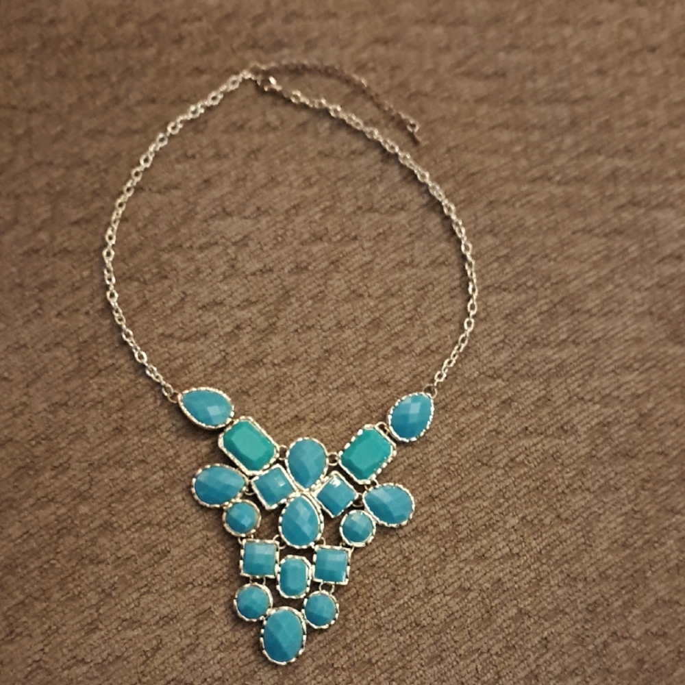 Aqua Bib Statement Necklace with Gold Tone Facet Cut Geometric Adjustable Chain